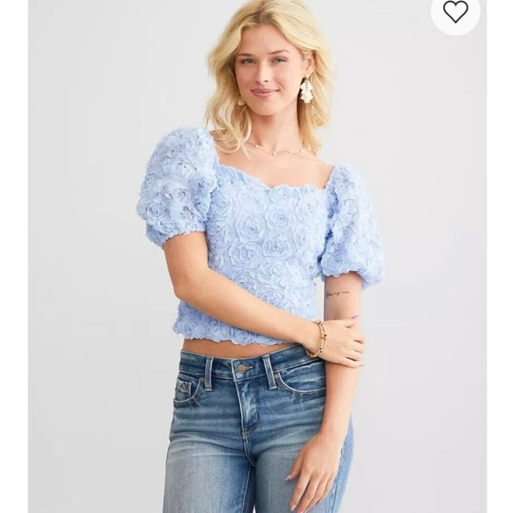 Willow & Root Blue 3D Floral Rosette Lace Up Back Top Small Puff Sleeve Coquette